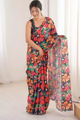Chiffon digital print scallped border foil mirror work saree