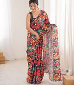 Chiffon digital print scallped border foil mirror work saree