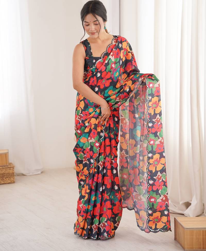 Chiffon digital print scallped border foil mirror work saree