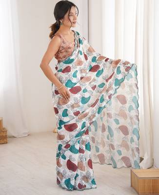 Chiffon digital print scallped border foil mirror work saree 2