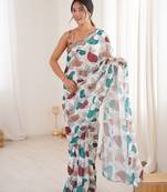 Chiffon digital print scallped border foil mirror work saree