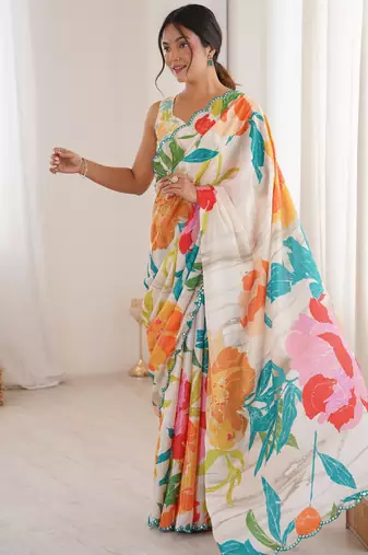 Chiffon digital print scallped border foil mirror work saree