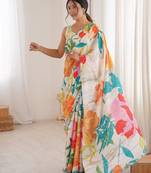 Chiffon digital print scallped border foil mirror work saree