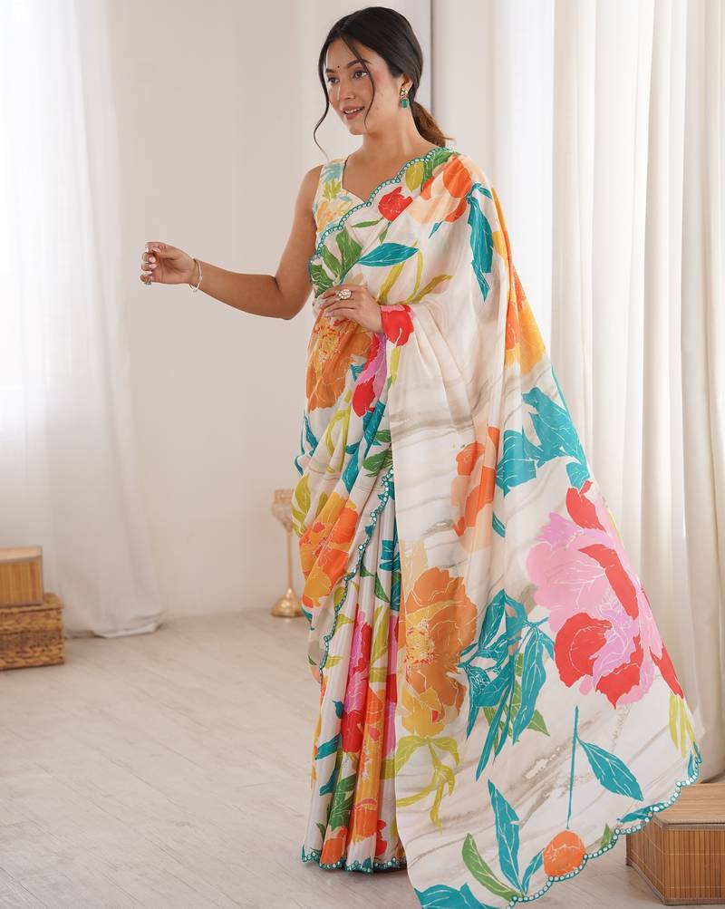 Chiffon digital print scallped border foil mirror work saree
