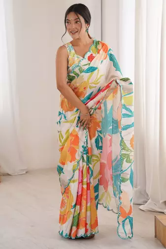 Chiffon digital print scallped border foil mirror work saree