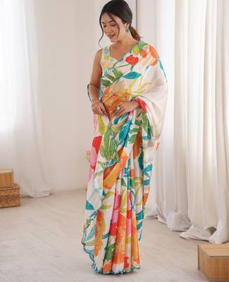 Chiffon digital print scallped border foil mirror work saree 3