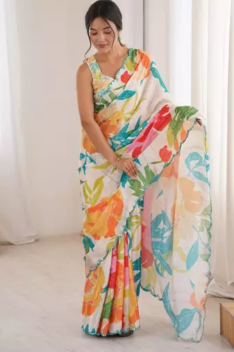 Chiffon digital print scallped border foil mirror work saree
