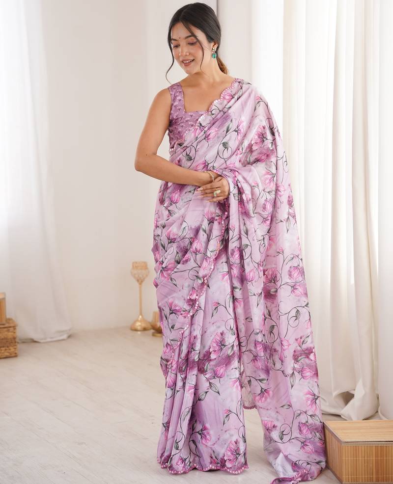 Chiffon digital print scallped border foil mirror work saree