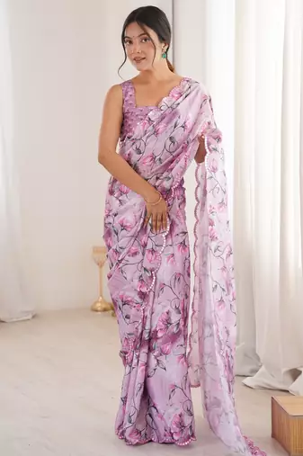 Chiffon digital print scallped border foil mirror work saree