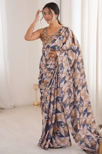 Chiffon digital print scallped border foil mirror work saree