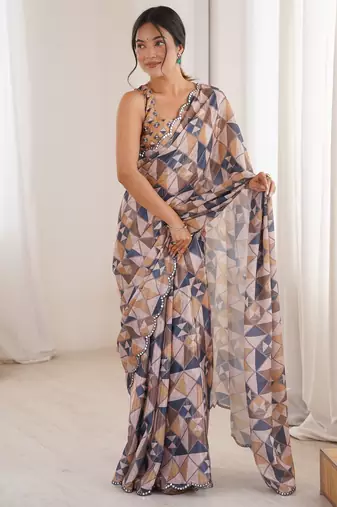Chiffon digital print scallped border foil mirror work saree