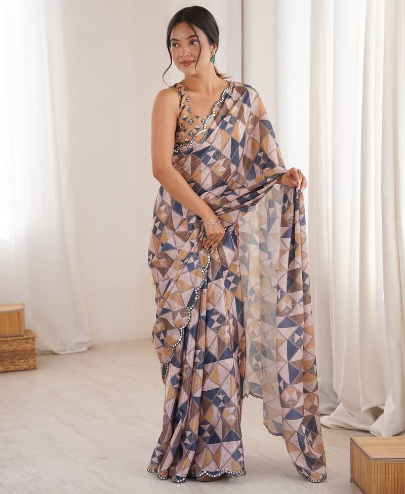 Chiffon digital print scallped border foil mirror work saree