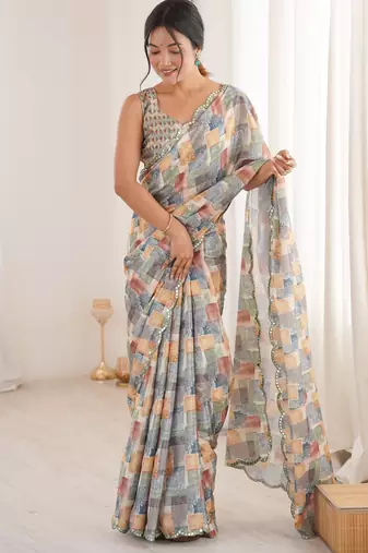 Chiffon digital print scallped border foil mirror work saree