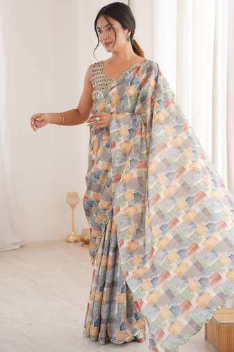 Chiffon digital print scallped border foil mirror work saree