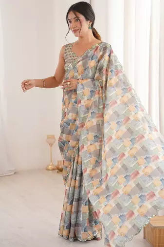 Chiffon digital print scallped border foil mirror work saree