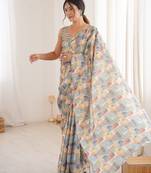 Chiffon digital print scallped border foil mirror work saree