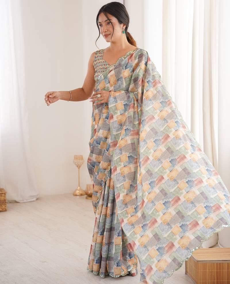 Chiffon digital print scallped border foil mirror work saree