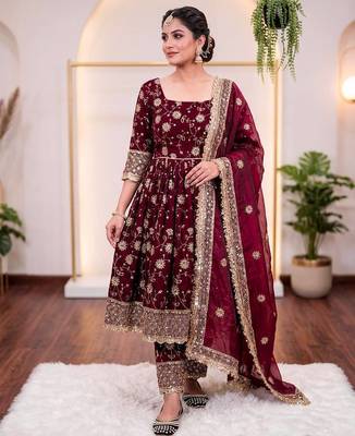 Maroon color designer kurta set with heavy embroidery 1