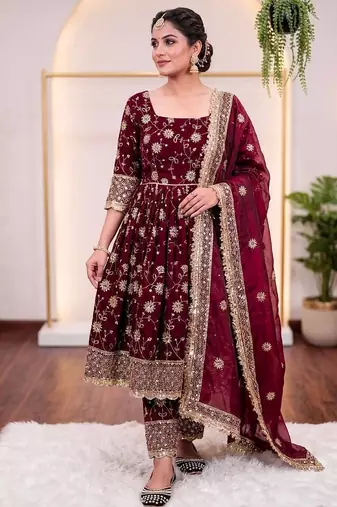 Maroon color designer kurta set with heavy embroidery