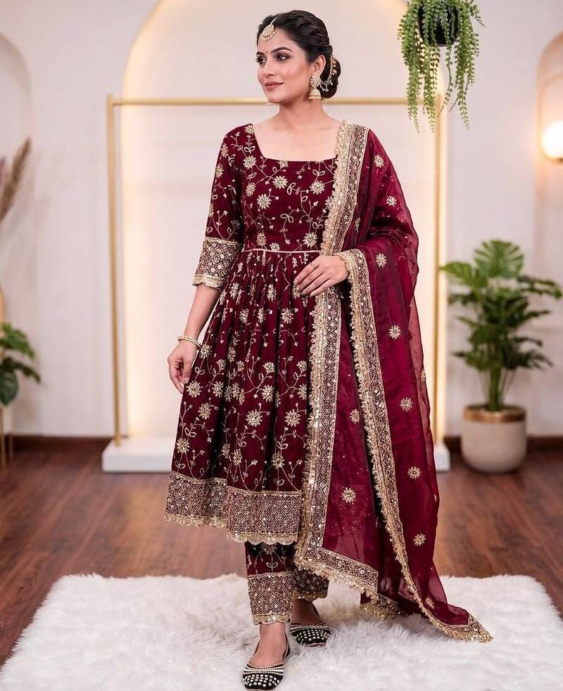 Maroon color designer kurta set with heavy embroidery