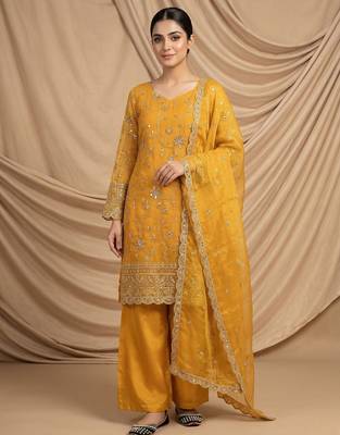 yellow embroidered kurta palazzo set with dupatta 1