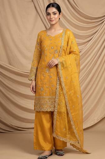yellow embroidered kurta palazzo set with dupatta