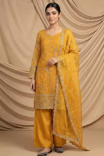 yellow embroidered kurta palazzo set with dupatta
