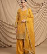 yellow embroidered kurta palazzo set with dupatta