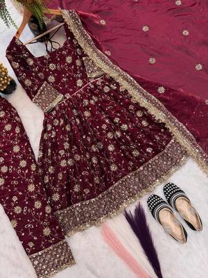 Maroon color designer kurta set with heavy embroidery 4