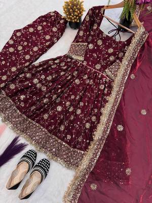 Maroon color designer kurta set with heavy embroidery 5