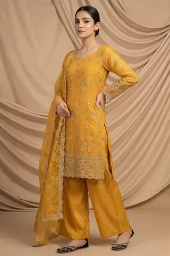 yellow embroidered kurta palazzo set with dupatta