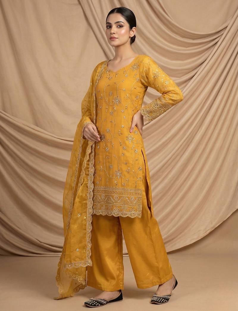 yellow embroidered kurta palazzo set with dupatta