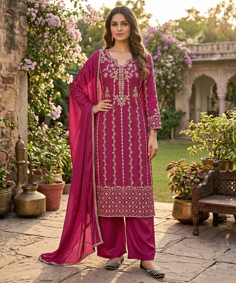 Women’s pink embroidered kurta set with dupatta