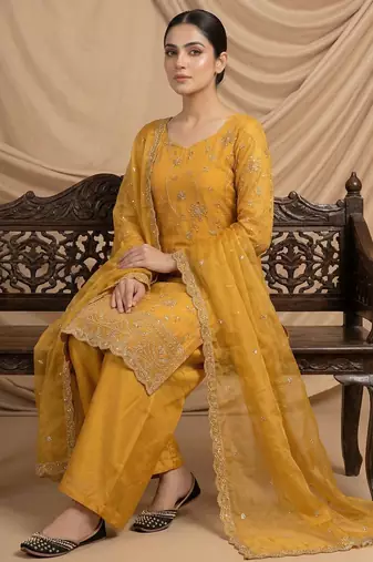 yellow embroidered kurta palazzo set with dupatta