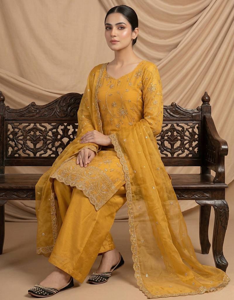 yellow embroidered kurta palazzo set with dupatta