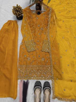 yellow embroidered kurta palazzo set with dupatta 4