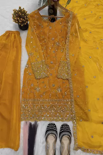 yellow embroidered kurta palazzo set with dupatta