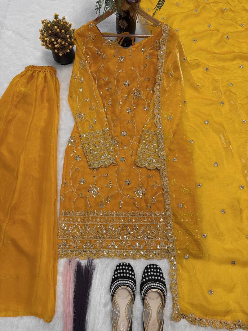 yellow embroidered kurta palazzo set with dupatta