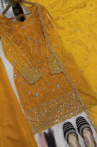 yellow embroidered kurta palazzo set with dupatta