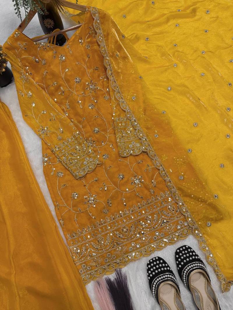 yellow embroidered kurta palazzo set with dupatta