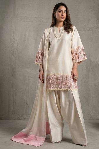 Designer ivory kurta palazzo set with pink floral lace work