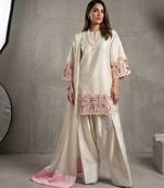 Designer ivory kurta palazzo set with pink floral lace work