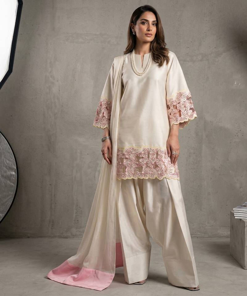Designer ivory kurta palazzo set with pink floral lace work