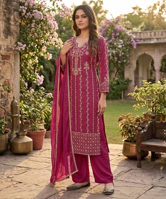 Women   s pink embroidered kurta set with dupatta 2