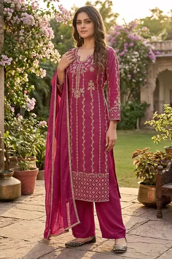 Women   s pink embroidered kurta set with dupatta