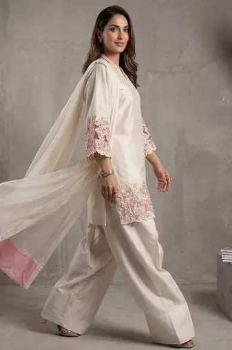 Designer ivory kurta palazzo set with pink floral lace work