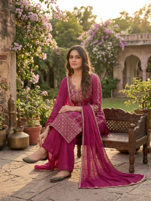 Women   s pink embroidered kurta set with dupatta 3