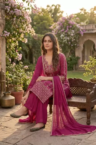 Women   s pink embroidered kurta set with dupatta