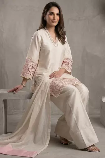 Designer ivory kurta palazzo set with pink floral lace work