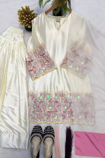 Designer ivory kurta palazzo set with pink floral lace work